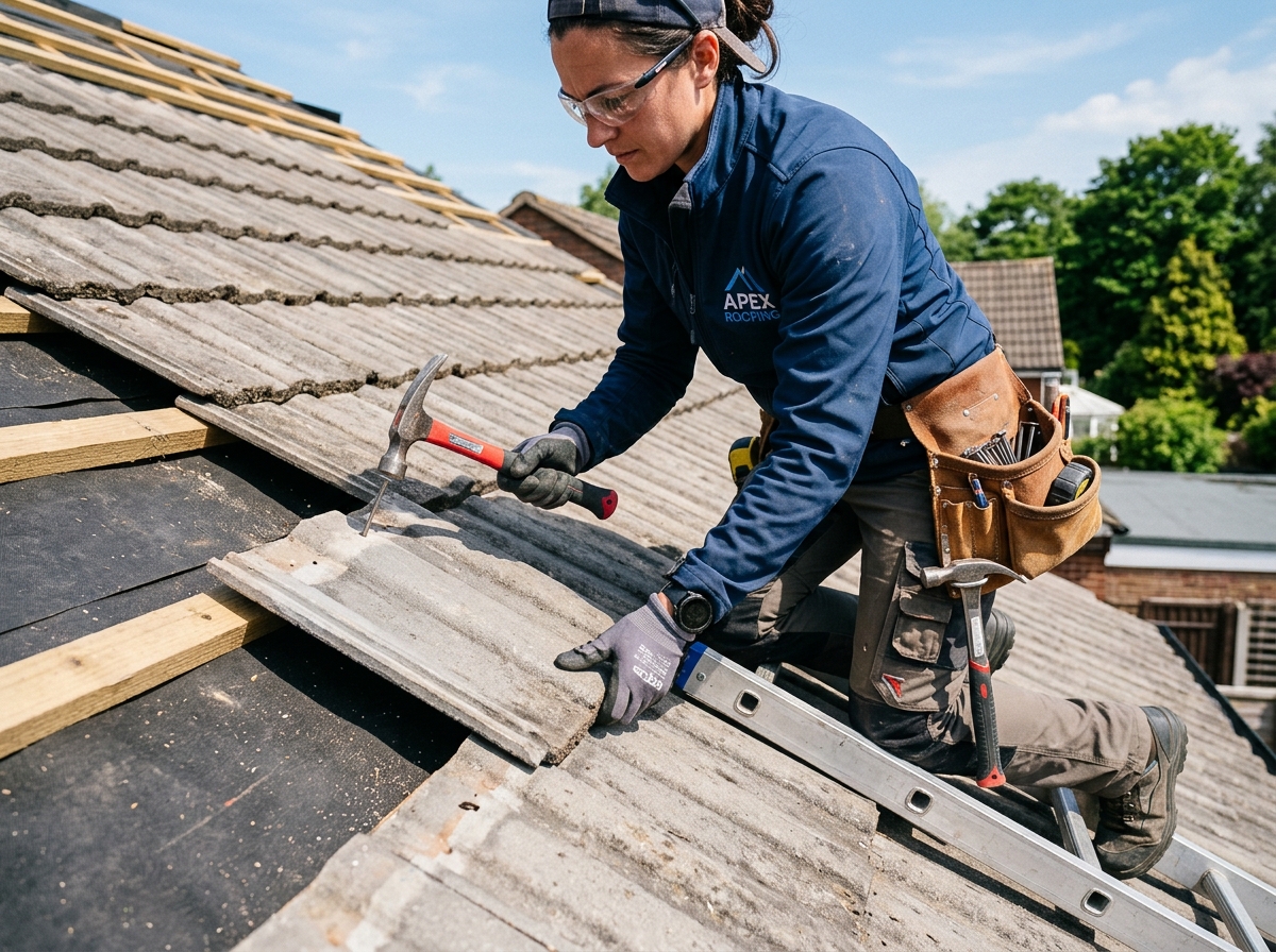 Roofer securing concrete tiles